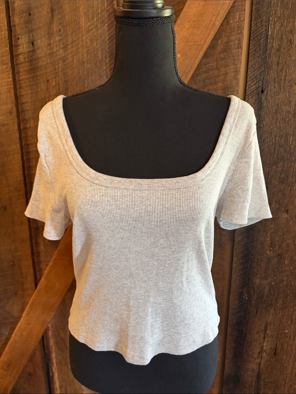 Women's Universal Thread Ribbed Scoop Neck Short Sleeve Top - Light Gray